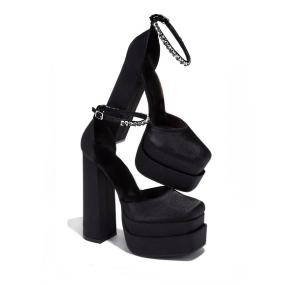 Black Ankle Strap Embellished Double Platform High Heels - Picture 5 of 10